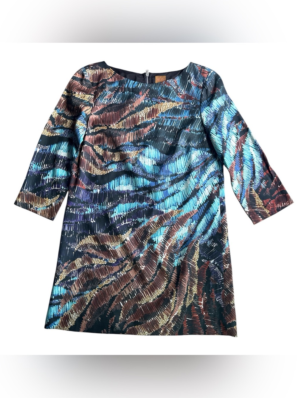 Ali Ro 100% Silk Shift Dress Metallic Feather Print 3/4 Sleeve Size US8 Bohemian